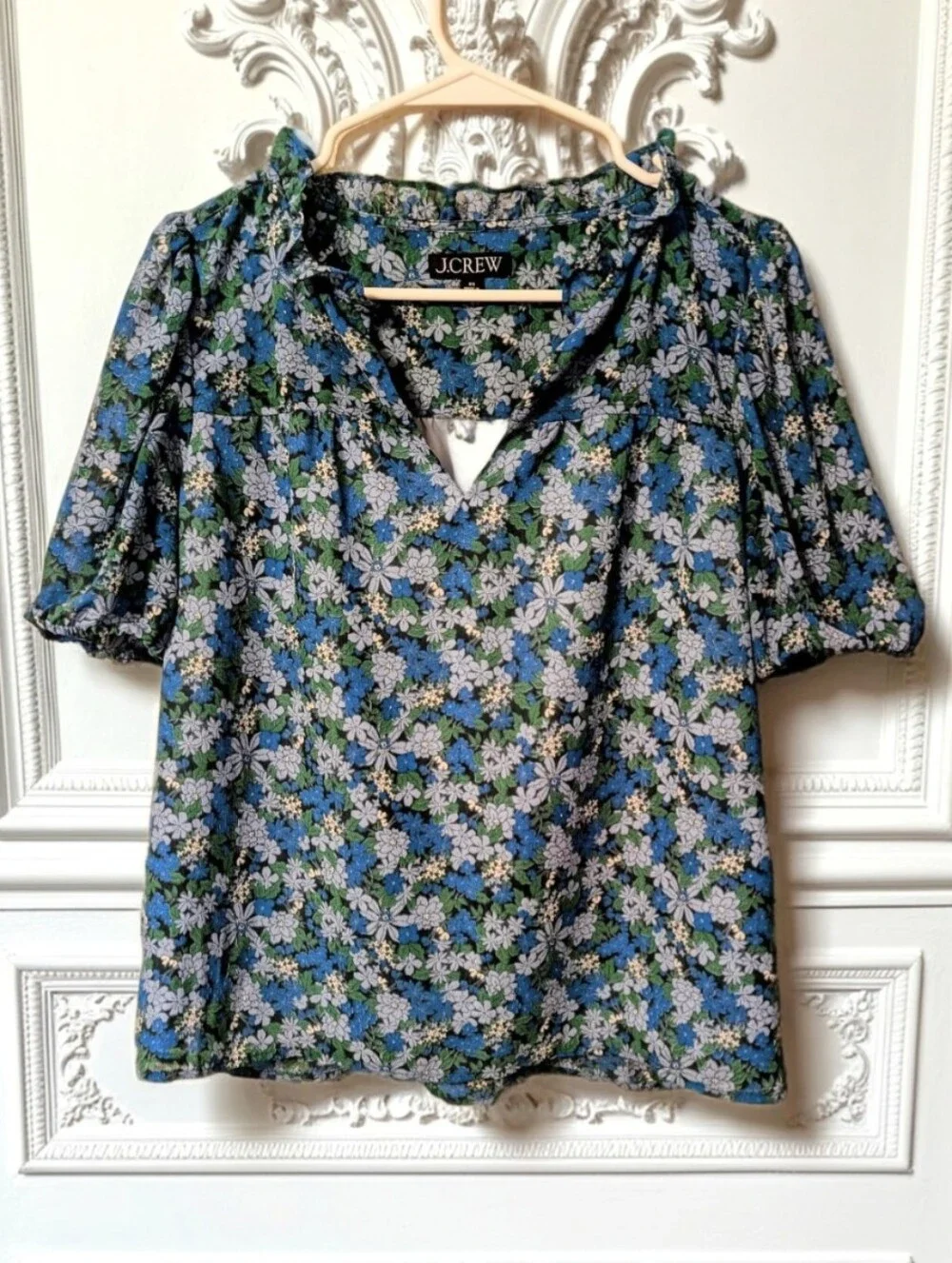 J.Crew Blue & Green Floral Ruffle Neck Puff Sleeve Blouse, Size XS